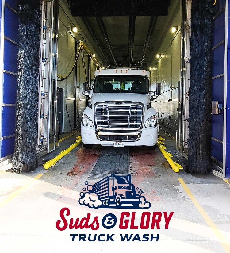 Semi-truck going through Suds & Glory Truck Wash in Seville, Ohio along OH I-71 and I-76