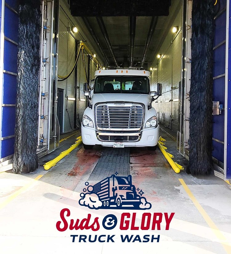 Semi-truck going through Suds & Glory Truck Wash in Seville, Ohio along OH I-71 and I-76